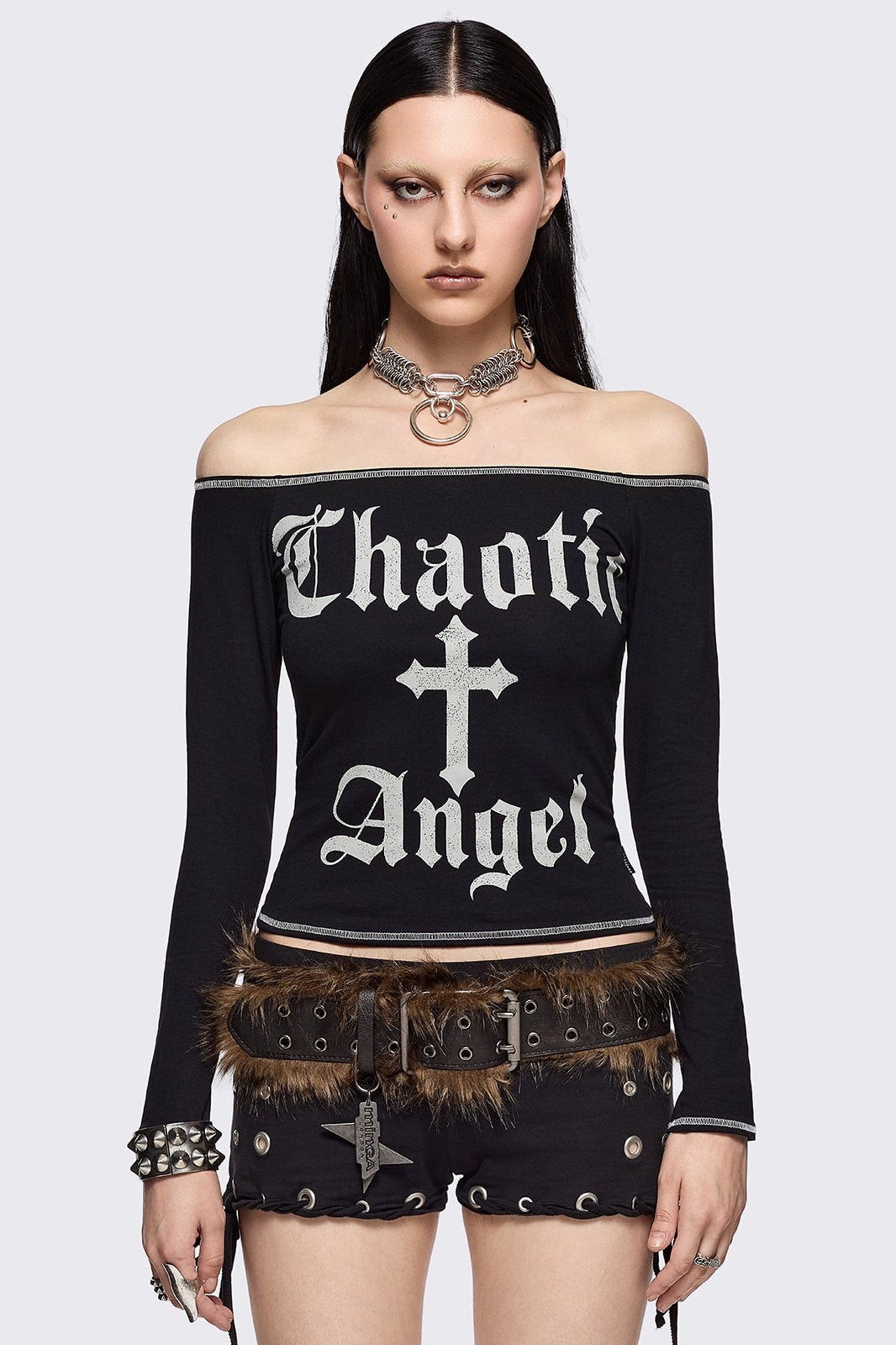 chaotic-angel-black-graphic-off-shoulder-top_1.jpg Chaotic Angel Off-Shoulder Top - Image 1